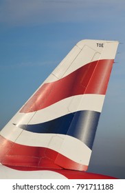 Heathrow Airport, London, England - January 2018: Close Up Of The British Airways Logo On The Tail Fin Of An Aircraft