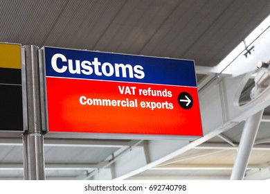 Heathrow Airport, Longford, UK: March 05, 2017: Customs And VAT Refund Sign For Commercial Exports