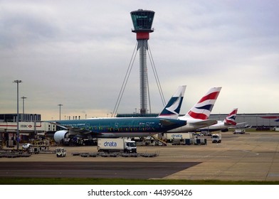 HEATHROW, ENGLAND -10 JUNE 2016- The Air Traffic Control Tower At London Heathrow International Airport (LHR), The Busiest Airport In The UK.