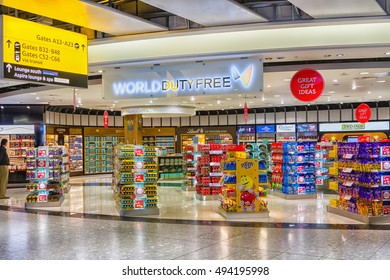 HEATHROW, ENGLAND - SEPTEMBER 11: Duty Free Shop On Sep 11, 2016 In London, England. Duty Free Shops Are Retail Outlets That Are Exempt From The Payment Of Certain Local Or National Taxes And Duties