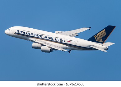 HEATHROW, LONDON, UK - April 20: Singapore Airlines Airbus A380 (9V-SKH) taking off on April 20, 2018 at London Heathrow Airport, London, UK.