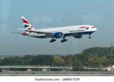 Heathrow, London UK - September 19 2019: British Airways Plane Landing Viewed From The Lounge.