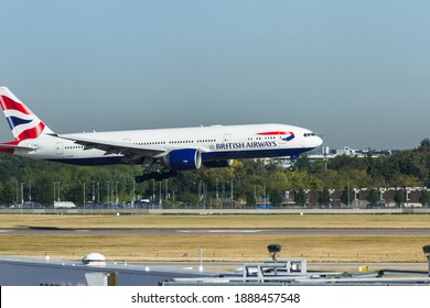 Heathrow, London UK - September 19 2019: British Airways Plane Landing Viewed From The Lounge.