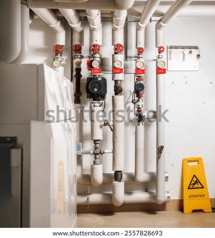 Heating system in boiler room in residential building. Hvac or plumbing background. Supply and return pipes with smart circulator pumps and temperature gauges. Selective focus. Lucerne, Switzerland.
