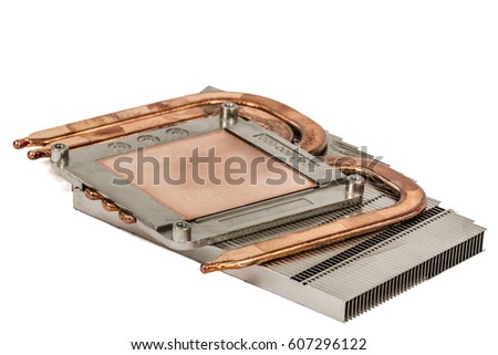 Heatpipe and radiators for cooling of processor, cooling system, isolated on white background