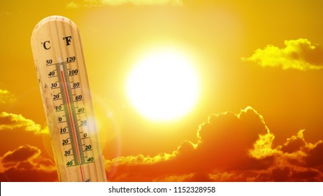 Heatwave hot sun. Climate Change. Global Warming. Thermometer high temperatures.