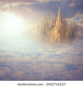 Heaven, clouds and castle with light for fantasy, creative imagination and surreal with birds, sky and sunlight. Mystical, mansion and architecture for holy paradise, religion and spiritual palace - Powered by Shutterstock