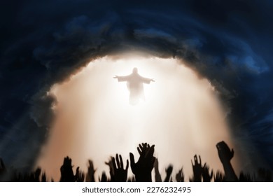 Heaven opens as God comes down to earth for the final judgment with blurry hands of people below.