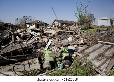 Heavily damaged homes in the Ninth Ward of New Orleans. One block behind these homes is the industrial canal that collapsed during the storm surge of hurricane Katrina. - Powered by Shutterstock