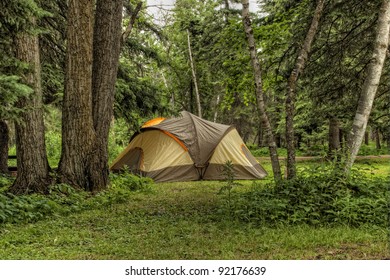 Heavily Wooded Camp Site With A Large Tent Set Up For The Night