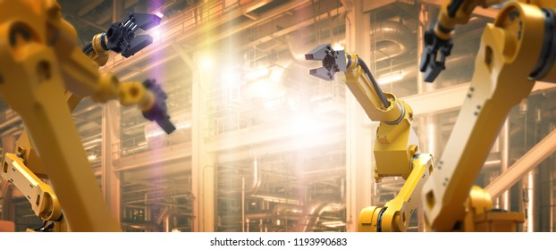 Heavy Automation Robot Arm Machine In Smart Factory Industrial,Industry 4.0 Concept Image. 