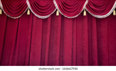 Heavy, Dense Burgundy Theater Curtain In The Theater, Philharmonic