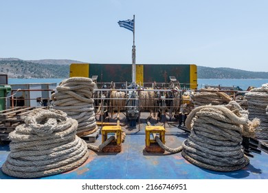 Heavy Duty Anchoring Ropes Onboard A Greek Ferry Boat.