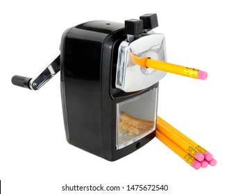 Heavy Duty Desk Top Pencil Sharpener With Pencils Isolated On A White Background