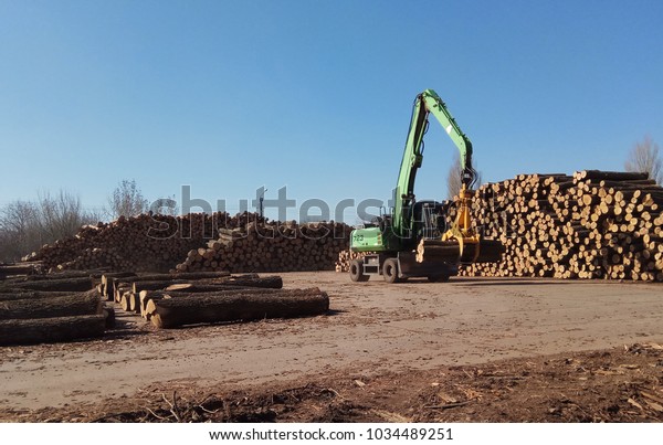Heavy duty green claw like logging machine for\
picking up and piling\
logs