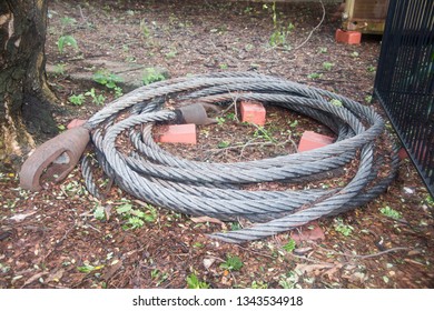 Heavy Duty, Thick Steel Cable Rope In An Outdoor Setting.