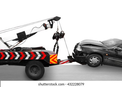 Heavy Duty Truck Towing Saloon Accident On The Road Isolated On White Background With Clipping Path