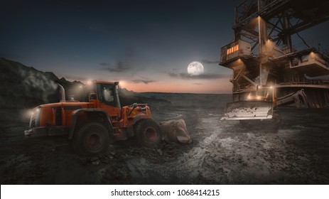 Heavy Equipment Vehicles Of Various Types - Wheeled Bulldozer -  In Night Shift Work On A Construction Site At Open Pit Mine.