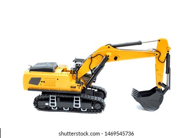 Heavy Excavator. Excavator Model Toy. Construction Machinery, Isolated On White Background