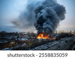 Heavy fire with acrid smoke in warehouse with toxic paint materials, firefighters participate in extinguishing. Industrial fire in the city, short circuit in electrical wiring. Air pollution. 