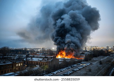 Heavy fire with acrid smoke in warehouse with toxic paint materials, firefighters participate in extinguishing. Industrial fire in the city, short circuit in electrical wiring. Air pollution.  - Powered by Shutterstock