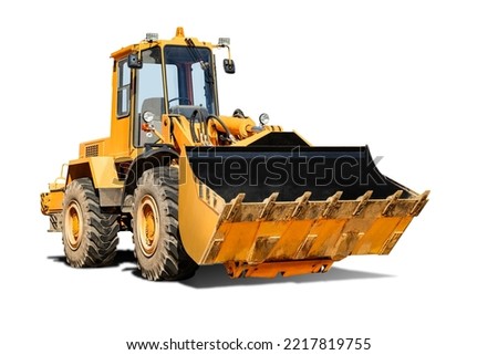 Heavy front loader or bulldozer on a white isolated background. construction machinery. Transportation and movement of bulk materials. Large bucket for earth, sand and gravel