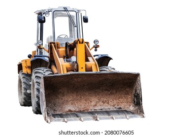 Heavy Front Loader On A White Isolated Background. Construction Machinery. Transportation And Movement Of Bulk Materials