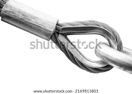 Heavy Industrial Giant Metal Rope Sling Wire on lock loop hook isolated on white background.