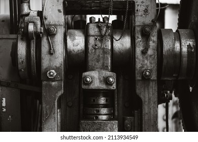 heavy industry old grunge steel machinery mechanical engineering machine closeup black and white for background - Shutterstock ID 2113934549
