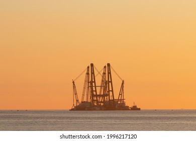 Heavy Industry Wind Turbine Installation Barge Off The Dutch Coast, Building An Offshore Wind Park For Wind Energy