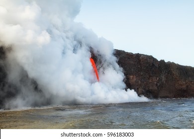 Heavy lava flow into the Pacific Ocean from the G61 flow at Volcano National Park in Hawaii 2017