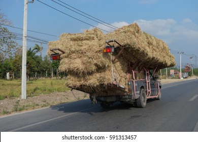 Heavy Loaded Truck Whit Grass On The Road By Bangkok Thailand February 2017, Over Loaded Truck Traffic Danger Accident