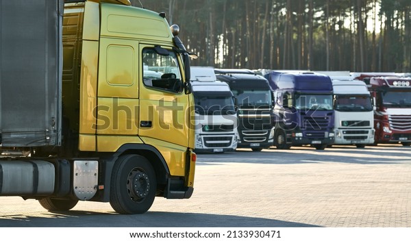 Heavy lorry truck at trucker parking. Logistics\
and transportation\
service