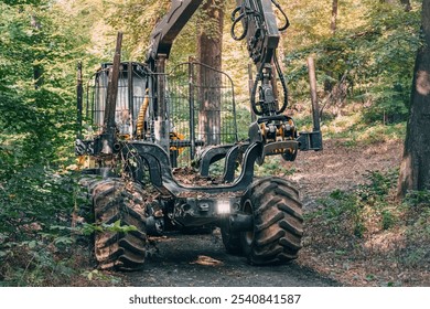 Heavy machinery, including a loader, operating outdoors in summer forest, highlighting the challenges of forestry and logging in nature