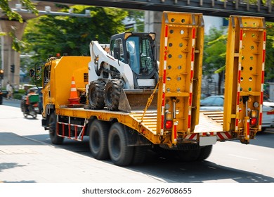 Heavy machinery Transporting small loader on busy thai street.