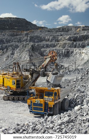 Heavy mining excavator loads rock ore into a dump-body large mining truck. Quarry equipment. Mining industry.