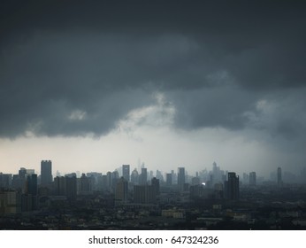 Heavy Rain Falling From Dark Cloudy Sky In Asia