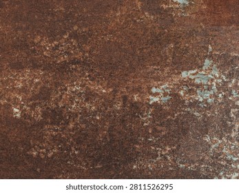 Heavy rust texture background. Dark brown corroded iron surface with weathered orange stains and blue peeling paint residues. Distressed industrial backdrop.