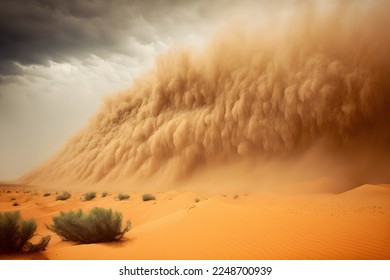 Heavy sand and dust storm above desert land on hot summer day. Danger and power of wild nature. Huge cloud carried by wind 3d artwork