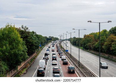 Heavy, Slow Moving Morning Rush Hour Traffic On The M4 Motorway, London