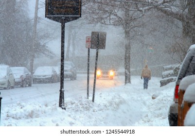 Heavy Snow On A Side Street In Cleveland, Ohio