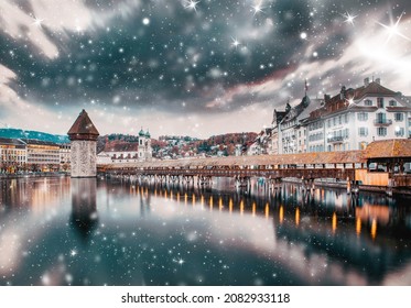 Heavy Snowfall In Lucerne, Switzerland On A Winter Night