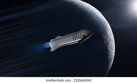 Heavy Starship is flying in outer space on big Moon background. Elements of this image furnished by NASA.