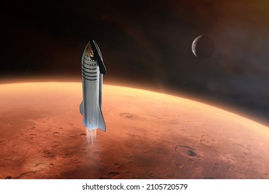 Heavy Starship take off mission from Mars planet. Elements of this image furnished by NASA.