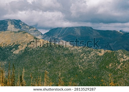 Heavy storm clouds roll over rugged mountain ridges above a dense subalpine conifer forest.
