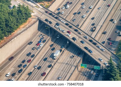 Heavy Traffic On The Interstate, Overhead Aerial View.