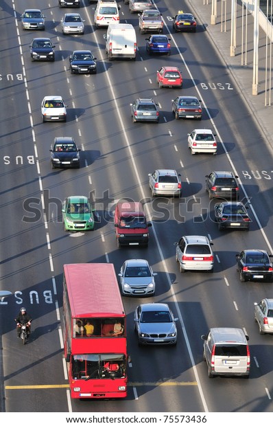 Heavy traffic on main road over Elizabeth\
bridge in Budapest.