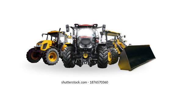Heavy transport industry wide banner template - front view of modern industrial vehicles in a row isolated on a white background with copy space for your text
