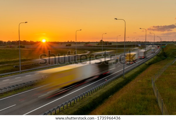 heavy truck
traffic on the highway in the
evening