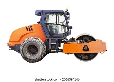 Heavy-duty Vibratory Roller For Asphalt Paving On White Isolated Background. Road Construction Equipment. Image Of A Road Roller For Design